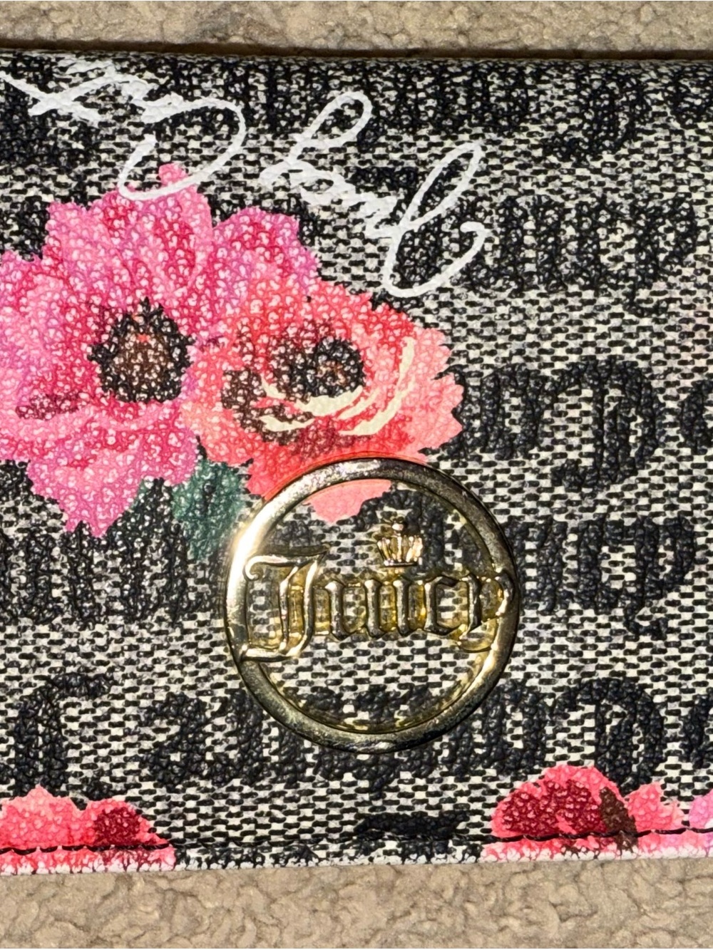 Juicy Couture Pink Floral Logo Wallet with Gold Emblem